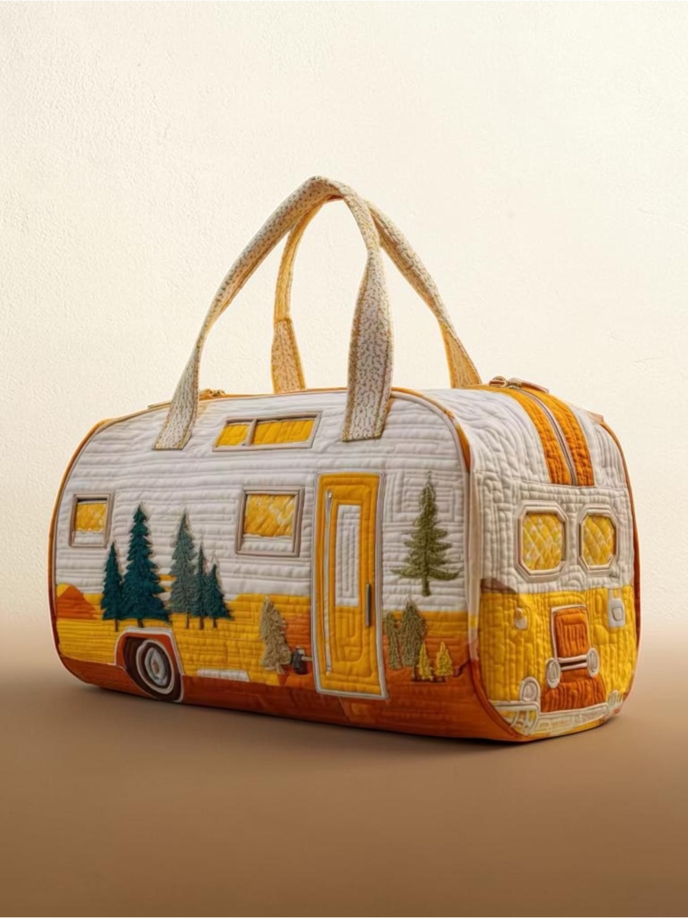 Vintage Camper Quilted Duffle Bag Retro RV Boho Weekender Travel Tote Yellow Gym - Picture 2 of 4